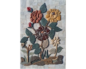 Solid Large Pieces Flower Backsplash Mural Marble Mosaic Tiles. Handcrafted Mosaic, Customization available, Indoor/Outdoor Ok. Handcrafted