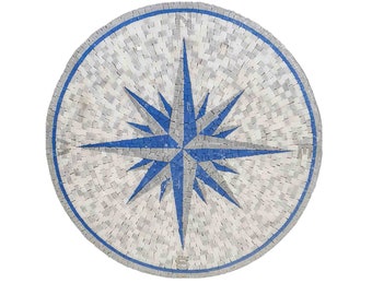 Navy Blue Compass Rose Marble Mosaic Medallion: Handcrafted Nautical Tile