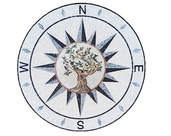 Handcut Marble Mosaic Medallion: Compass Rose with Olive Tree