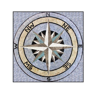 Square Compass Rose Nautical Marble Mosaic Medallion Flooring Tiles. Customization available, Handcrafted and Handcut Roman Mosaics
