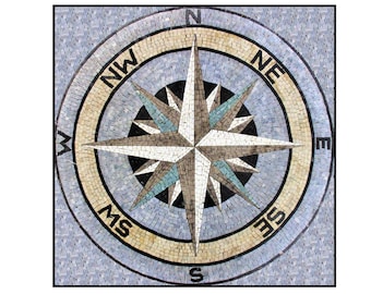 Handcut Marble Mosaic Medallion: Compass Rose Nautical Tile