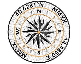 Custom Coordinates Compass Rose Nautical Marble Mosaic Kitchen Backsplash Medallion Tiles. Customization available,Hand cut Roman Mosaics.