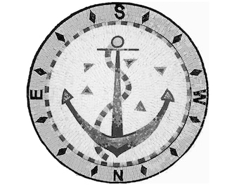 Monochrome Compass Rose Marble Mosaic Tile: Nautical Anchor Medallion