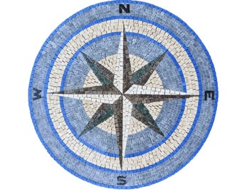 Blue Compass Rose Marble Mosaic Tile: Nautical Medallion for Flooring or Walls