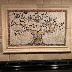 Olive Tree for Backsplash Mural Marble Mosaic Tiles. Handcrafted Mosaic,Customization available Indoor/Outdoor Ok. Handcrafted Roman Mosaics