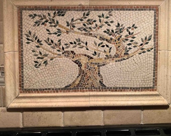 Olive Tree Mosaic Tile Art: Handcrafted Marble Backsplash Mural
