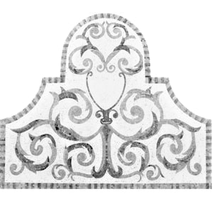 May include: A black and white mosaic tile with a decorative floral design. The tile has a scalloped edge and is made of small, irregular pieces of stone.