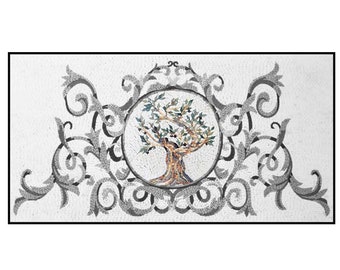 Branches and Olive Tree Centered Backsplash Marble Mosaic Art Tiles. Handcrafted Mural Wall Panel Tiles, Indoor/Outdoor Ok