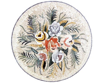 Floral Mosaic Tile Medallion: Hand-Cut Marble for Kitchen Backsplash