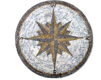 Handcut Marble Mosaic Medallion: Compass Rose Nautical Flooring Tile