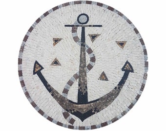 Sailor Anchor Marble Mosaic Medallion Flooring Tiles. Customization available, Handcrafted and Handcut Roman Mosaics