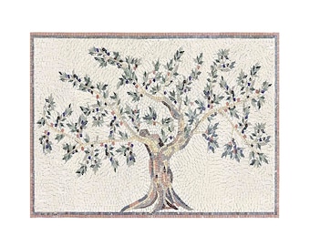 Olive Tree Backsplash With Purple Fruits Mosaic Tile Handcrafted Mosaic,Customization available Indoor/Outdoor Ok. Handcrafted Roman Mosaics