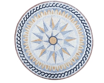 Compass Rose Marble Mosaic Medallion. Customization available, Handcrafted and Handcut Roman Mosaics