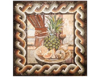 Backsplash Fruit Bowl Marble Mosaic Wall Art Tiles with Roman Style Border ,Customization available Indoor/Outdoor Ok. Handcrafted