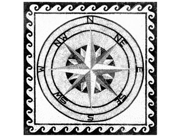 Hand Cut Marble Mosaic Medallion: Black White Compass Rose