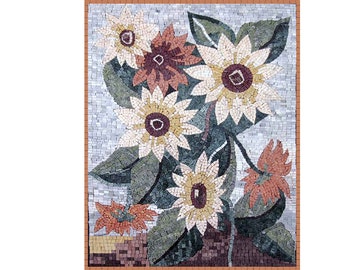 Flower Kitchen Backsplash Mural Marble Mosaic Art Tiles. Handcrafted Mosaic, Customization available, Indoor/Outdoor Ok.