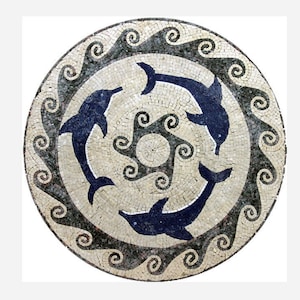 Marble Mosaic Medallion Tile: Hand-Cut Dolphin Design, Indoor/Outdoor