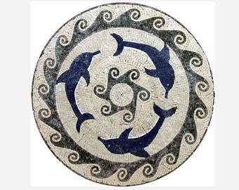 Marble Mosaic Medallion Tile: Hand-Cut Dolphin Design, Indoor/Outdoor
