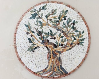 Olive Tree Mosaic Tile Medallion: Hand-Cut Indoor/Outdoor Art