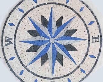 Blue Compass Nautical Marble Mosaic Medallion