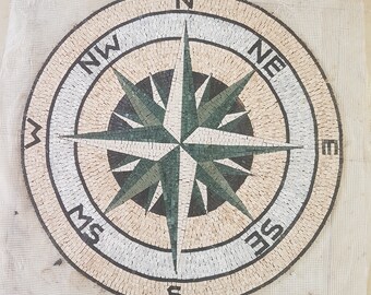 Handcut Marble Mosaic Medallion: Compass Rose Nautical Flooring Tile