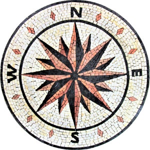 Handcut Marble Mosaic Medallion: Compass Rose Nautical Tile