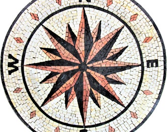 Handcut Marble Mosaic Medallion: Compass Rose Nautical Tile