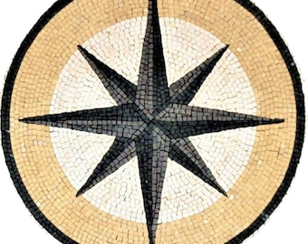 Handcrafted Marble Mosaic Medallion: Compass Rose Flooring Tile