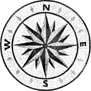 Compass Rose Nautical Black and White Marble Mosaic Medallion Flooring Tiles. Customization available, Handcrafted and Handcut Roman Mosaics