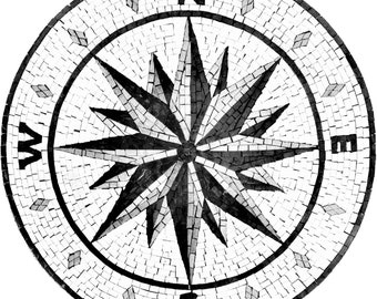 Handcut Marble Mosaic Medallion: Compass Rose Nautical Flooring Tile