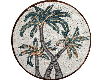 Coconut Palm Tree Mosaic Tile Medallion: Round Backsplash, Indoor/Outdoor
