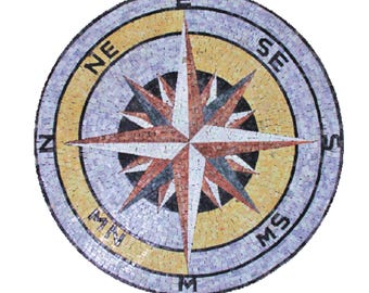 Handcut Marble Mosaic Medallion: Compass Rose Nautical Flooring Tile
