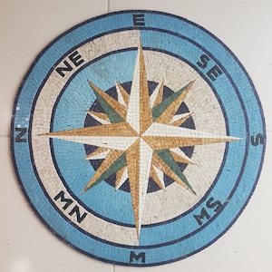 Compass Rose Nautical Marble Mosaic Medallion Kitchen Backsplash Tiles. Customization available, Handcrafted and Handcut Roman Mosaics