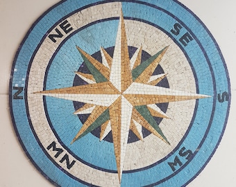 Handcut Marble Mosaic Medallion: Compass Rose Nautical Tile