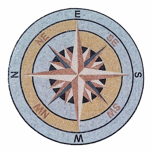 Round Compass Rose Nautical Marble Mosaic Medallion Flooring Tiles. Customization available, Handcrafted and Handcut Roman Mosaics