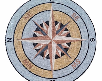 Handcut Marble Mosaic Medallion: Round Compass Rose Nautical Flooring Tile