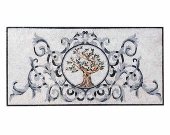 Handcrafted Marble Mosaic Backsplash: Olive Tree & Branches Mural