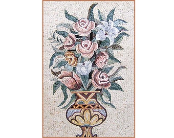 Floral Vase Backsplash Mural Marble Mosaic Tiles. Handcrafted Mosaic, Customization available, Indoor/Outdoor Ok. Roman Mosaics