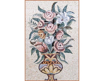 Floral Marble Mosaic Tile: Vase Backsplash Mural, Custom Roman Art