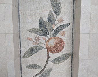 Hand Cut Marble Mosaic Tile: Orange Tree Backsplash Mural
