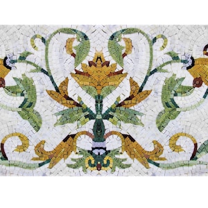 Flower Backsplash Marble Mosaic Tiles. Handcrafted Mural Mosaic, Mosaic Wall Panel, Indoor/Outdoor Ok. Roman Mosaics. Shipping Worldwide