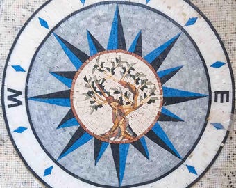 Compass With Tree Marble Mosaic Medallion