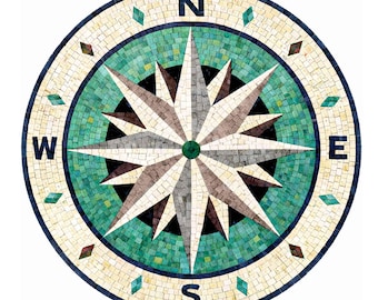 Green Marble Mosaic Medallion: Compass Rose Nautical Design