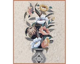 Flowers in Vase Mosaic Tile Mural: Handcrafted Marble Backsplash