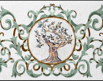 Branches and Olive Tree Centered Backsplash Marble Mosaic Art Tiles. Handcrafted Mural Wall Panel Tiles, Indoor/Outdoor Ok