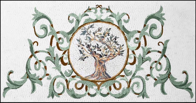 Branches and Olive Tree Centered Backsplash Marble Mosaic Art Tiles. Handcrafted Mural Wall Panel Tiles, Indoor/Outdoor Ok image 1