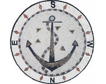 Compass Rose Marble Mosaic Tile: Nautical Anchor Medallion