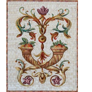 Mural de cornucópia italiana com backsplash, obra de arte em mosaico de mármore. Personalização de mosaico cortado à mão ok, ambientes internos/externos ok. Estilo mosaico romano.