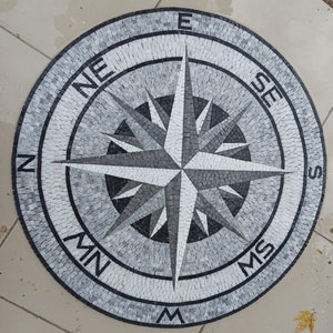 Compass Rose Nautical Black and White Marble Mosaic Medallion Flooring Tiles. Customization available, Handcrafted and Handcut Roman Mosaics