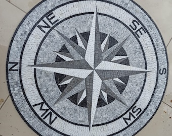 Handcut Marble Mosaic Medallion: Compass Rose Nautical Flooring Tile